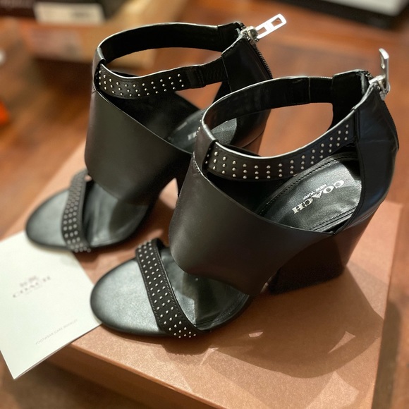 Coach Dessa Studded Block Heeled Sandals - Semi Matte Black Leather 8.5 - Picture 2 of 7